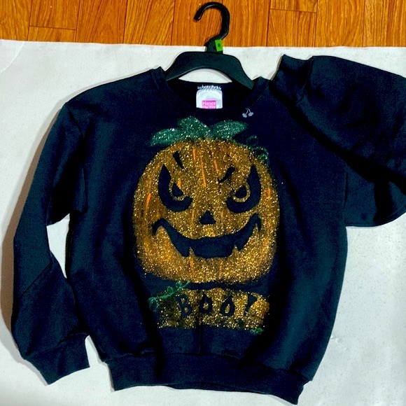 *$DROP* NWOT Handpainted Glittery Pumpkin Halloween Sweatshirt; Girls Sz 10/12 - Picture 1 of 5